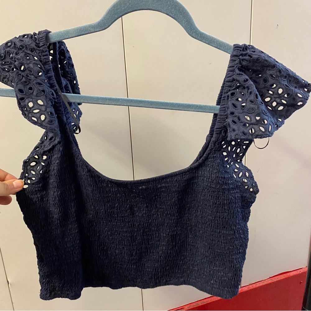 H&M Navy Eyelet Strap Smocked Crop Top | Size L
